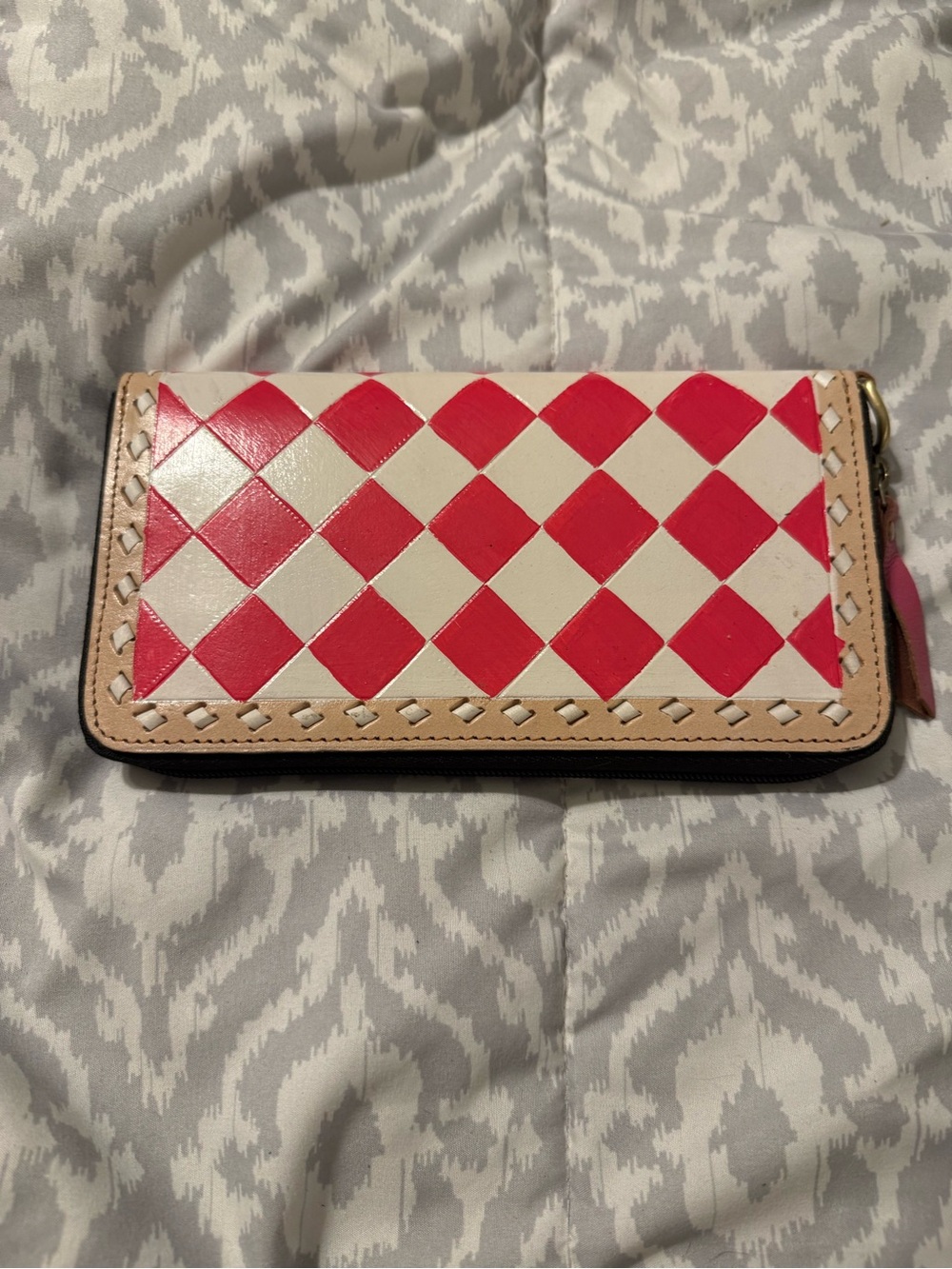 Checkered Pink and White Zip-Around Wallet